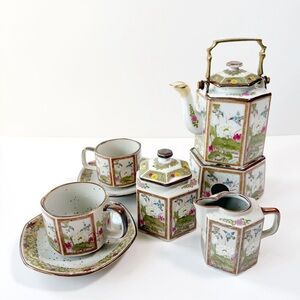 VTG Japanese Asian Birds Oriental Brass Handle Traditional Teapot Set Collection